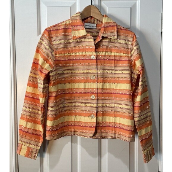VINTAGE Bonnie & Norma Button Blazer Jacket Embroidered Striped Aztec Boho Large - Picture 1 of 7